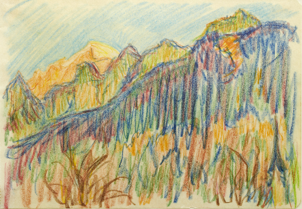 Sigismund Righini: Die Churfirsten II, 1928, Farbstift auf Papier, Inv.Nr. SR 508. Foto: Reto Pedrini © Stiftung Righini-Fries Zürich Sigismund Righini: Die Churfirsten II, 1928, Farbstift auf Papier, Inv.Nr. SR 508. Foto: Reto Pedrini © Stiftung Righini-Fries Zürich