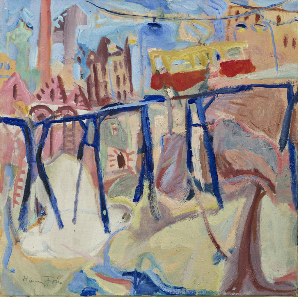 Hanny Fries: Bähnchen in einer polnischen Kleinstadt, 1990, Öl auf Leinwand, Inv.Nr. HF 101. Foto: Reto Pedrini © Stiftung Righini-Fries Zürich Hanny Fries: Bähnchen in einer polnischen Kleinstadt, 1990, Öl auf Leinwand, Inv.Nr. HF 101. Foto: Reto Pedrini © Stiftung Righini-Fries Zürich