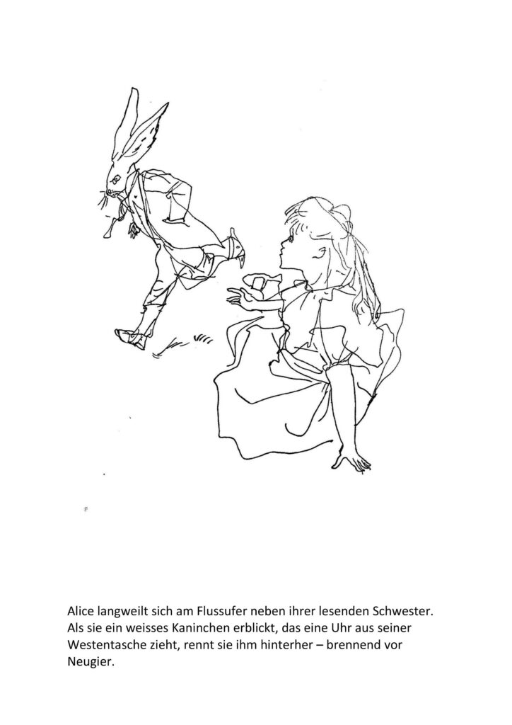Illustration zu "Alice im Wunderland" von Hanny Fries, Text von Susanna Tschui © Stiftung Righini-Fries Zürich Illustration zu "Alice im Wunderland" von Hanny Fries, Text von Susanna Tschui © Stiftung Righini-Fries Zürich