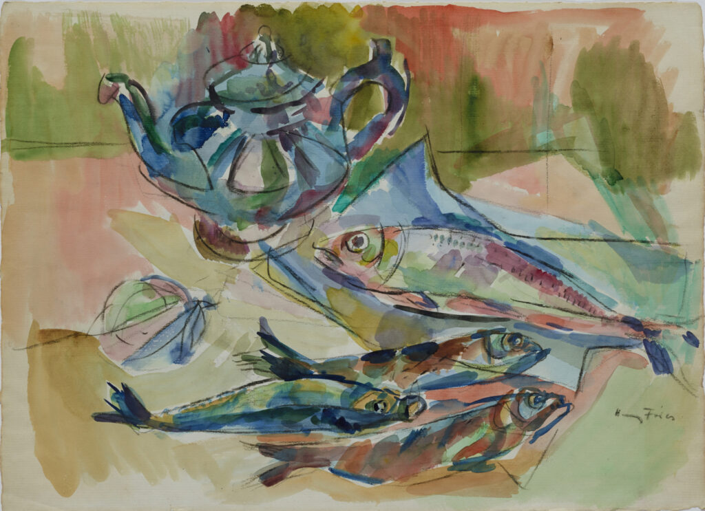 Hanny Fries: Ohne Titel [Fische und Teekrug], um 1954, Aquarell und Ölkreide auf Papier, Inv.Nr. HF 121. © Stiftung Righini-Fries Zürich