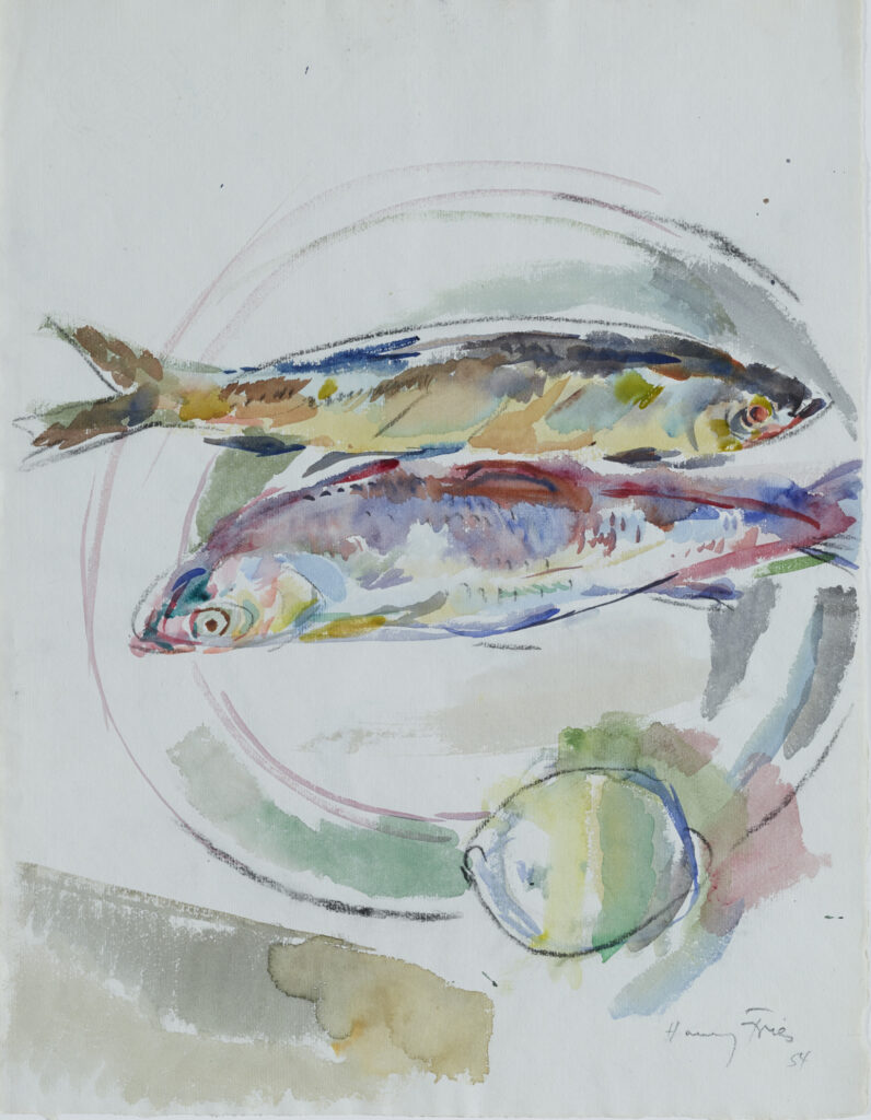 Hanny Fries: Ohne Titel [Fische auf Teller], um 1954, Aquarell und Ölkreide auf Papier, Inv.Nr. HF 127. © Stiftung Righini-Fries, Zürich