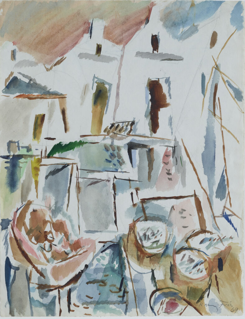 Hanny Fries: Ohne Titel [Häuserzeile am Hafen], 1969, Aquarell und Bleistift auf Papier, Inv.Nr. HF 135. © Stiftung Righini-Fries Zürich. © Stiftung Righini-Fries, Zürich