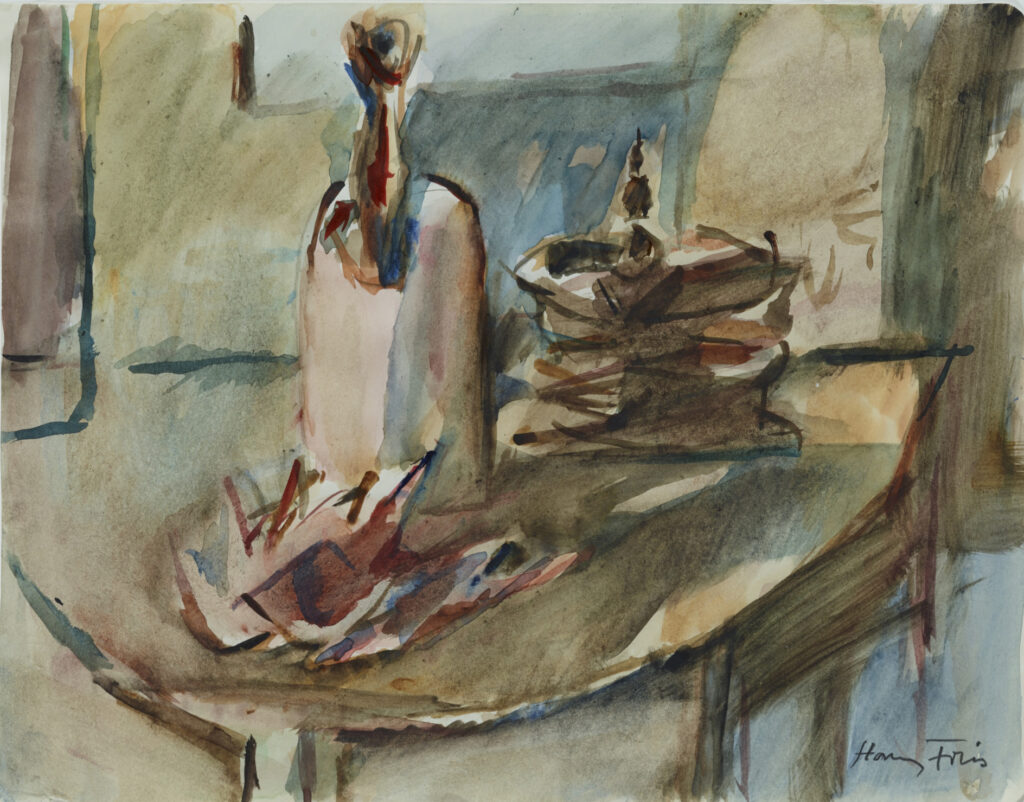 Hanny Fries: Ohne Titel [Stillleben mit Flasche], um 1975, Aquarell auf Papier, Inv.Nr. HF 153. © Stiftung Righini-Fries Zürich