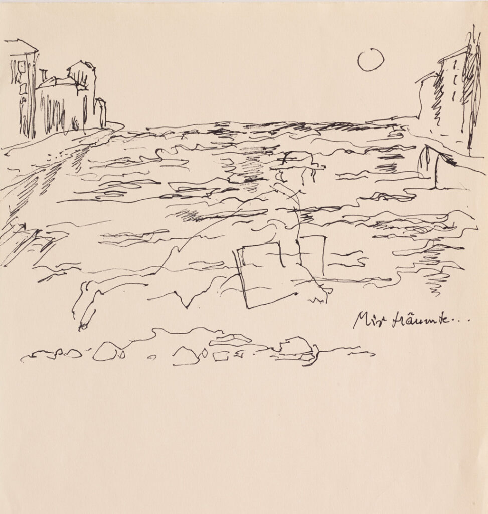 Hanny Fries: Traum [Dame mit Hut und Tasche unter Wasser XIII], Tusche auf Papier, um 1999, Inv.Nr. HF 489.13. Foto: Reto Pedrini © Stiftung Righini-Fries Zürich