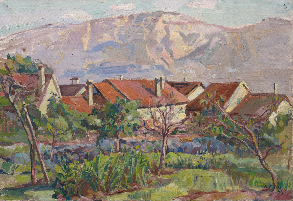 Hanny Fries: Vue sur les toits de Confignon, 1943, Öl auf Leinwand, Inv.Nr. HF 44. Foto: Reto Pedrini © Stiftung Righini-Fries Zürich Hanny Fries: Vue sur les toits de Confignon, 1943, Öl auf Leinwand, Inv.Nr. HF 44. Foto: Reto Pedrini © Stiftung Righini-Fries Zürich