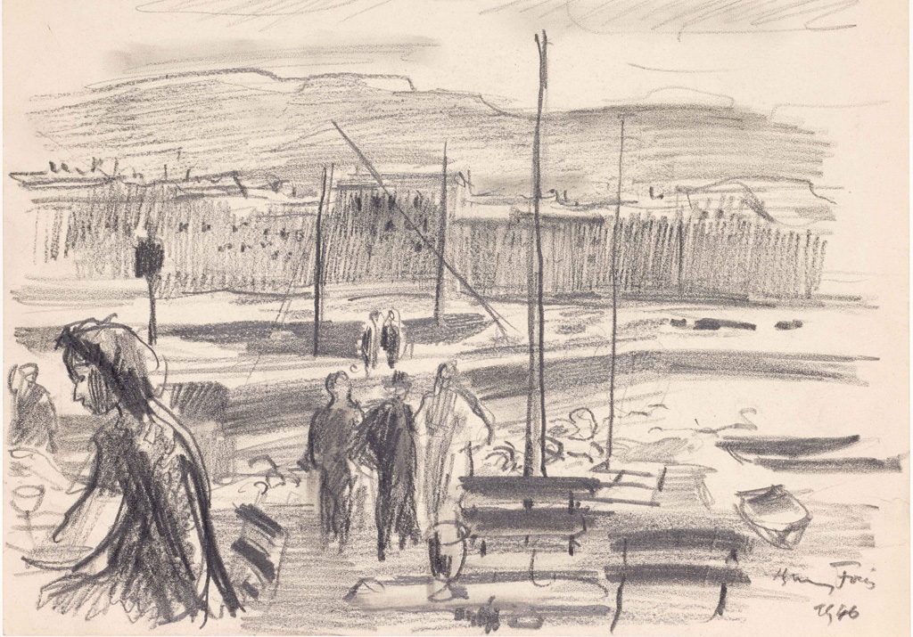 Hanny Fries: Ohne Titel [Uferpromenade mit Café], 1946, Bleistift auf Papier, Inv.Nr. HF 205. Foto: Reto Pedrini © Stiftung Righini-Fries Zürich
