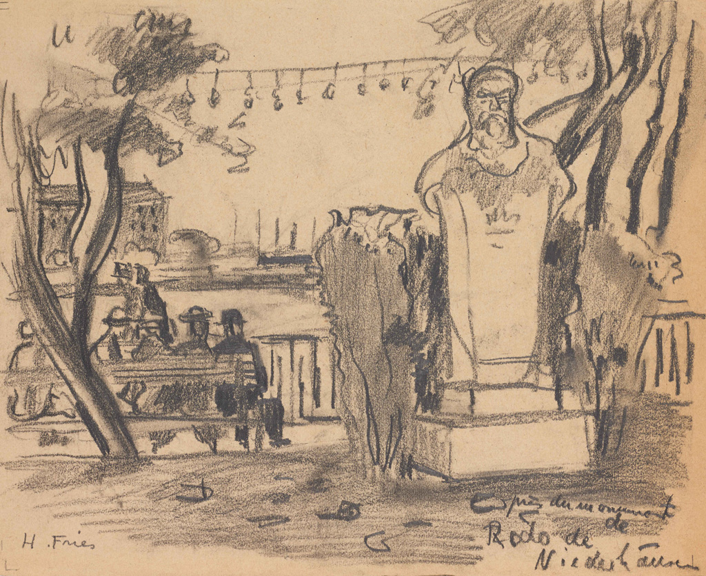 Hanny Fries: Près du monument Rodo de Niederhäusern, um 1943, Bleistift und Kohle auf Papier, Inv.Nr. HF 400. Foto: Reto Pedrini © Stiftung Righini-Fries Zürich Hanny Fries: Près du monument Rodo de Niederhäusern, um 1943, Bleistift und Kohle auf Papier, Inv.Nr. HF 400. Foto: Reto Pedrini © Stiftung Righini-Fries Zürich