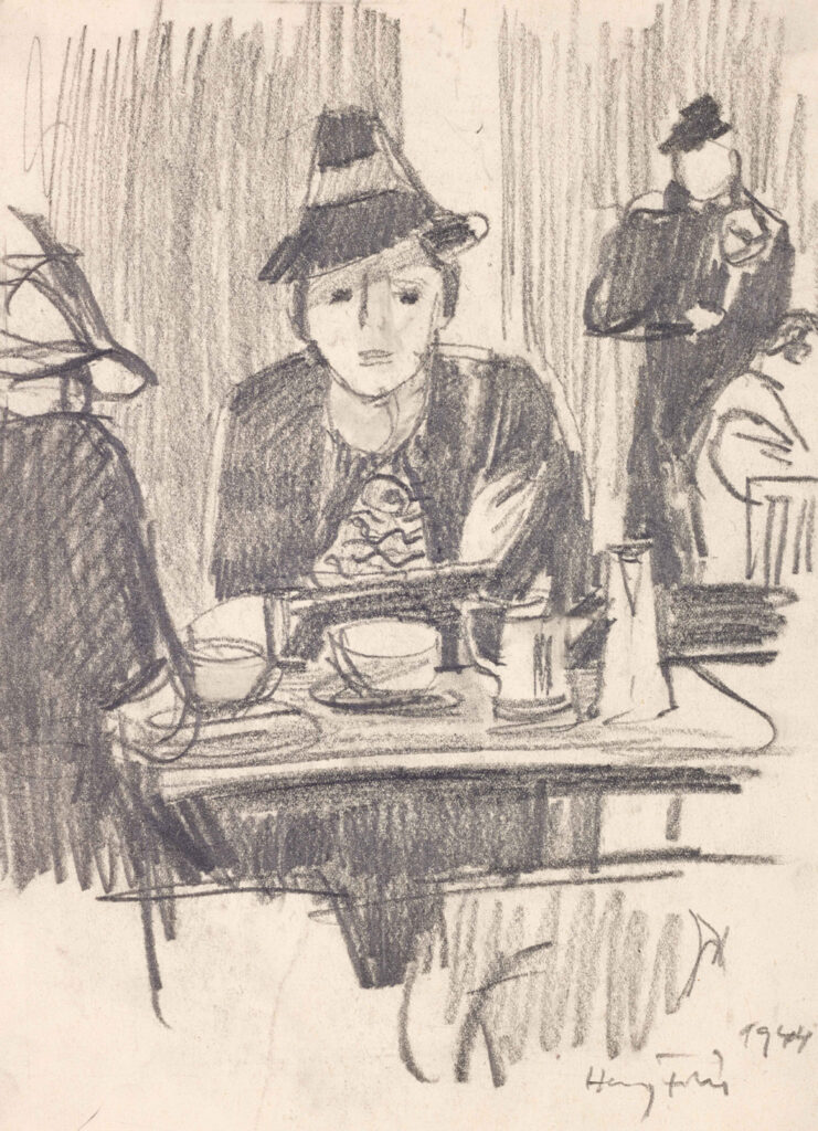 Hanny Fries: Ohne Titel [Modische Dame im Café], 1944, Bleistift auf Papier, Inv.Nr. HF 203. Foto: Reto Pedrini © Stiftung Righini-Fries Zürich