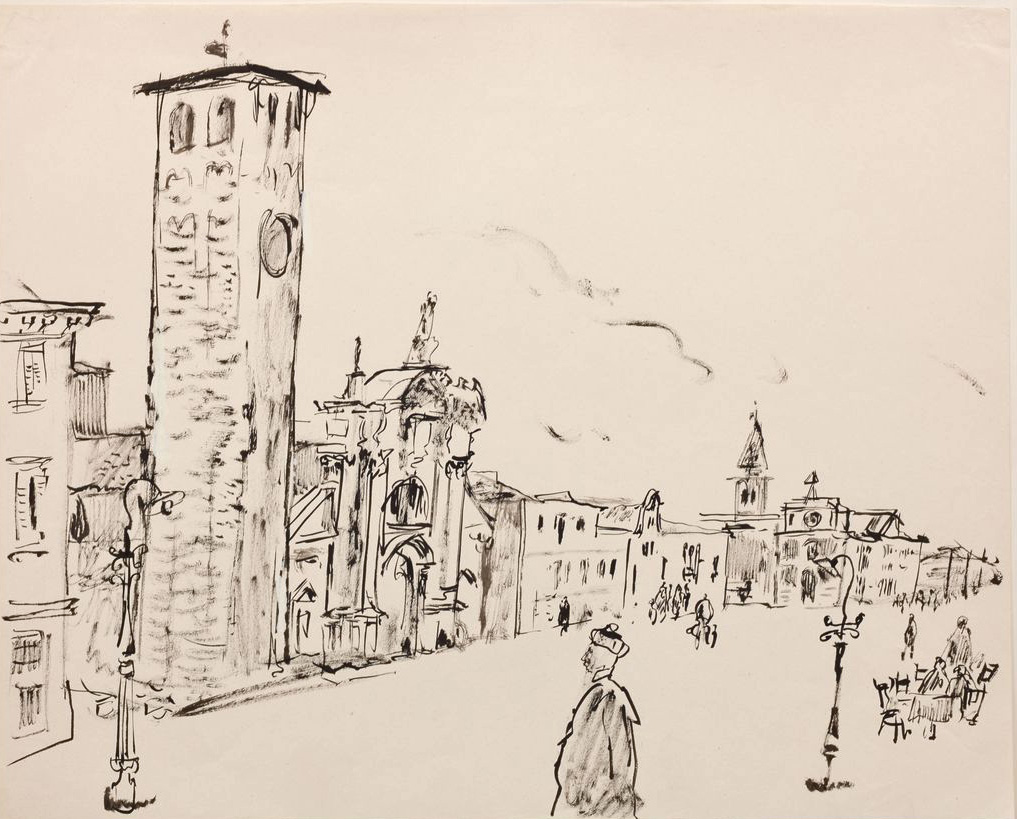 Hanny Fries: Ohne Titel [Kirche in Venedig], um 1954, Tusche auf Papier, Inv.Nr. HF 627. Foto: Reto Pedrini © Stiftung Righini-Fries Zürich