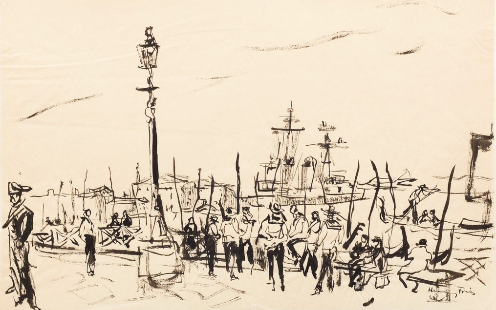 Hanny Fries: Der Standplatz der Gondolieri. Venedig, um 1954, Tusche auf Papier, Inv.Nr. HF 645. Foto: Reto Pedrini © Stiftung Righini-Fries Zürich
