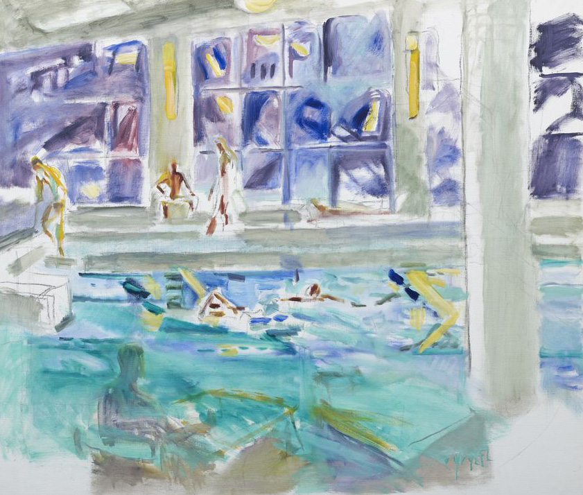 Hanny Fries: Ohne Titel [Im Hallenbad], um 1999, Öl auf Leinwand, Inv.Nr. HF 68. Foto: Reto Pedrini © Stiftung Righini-Fries Zürich