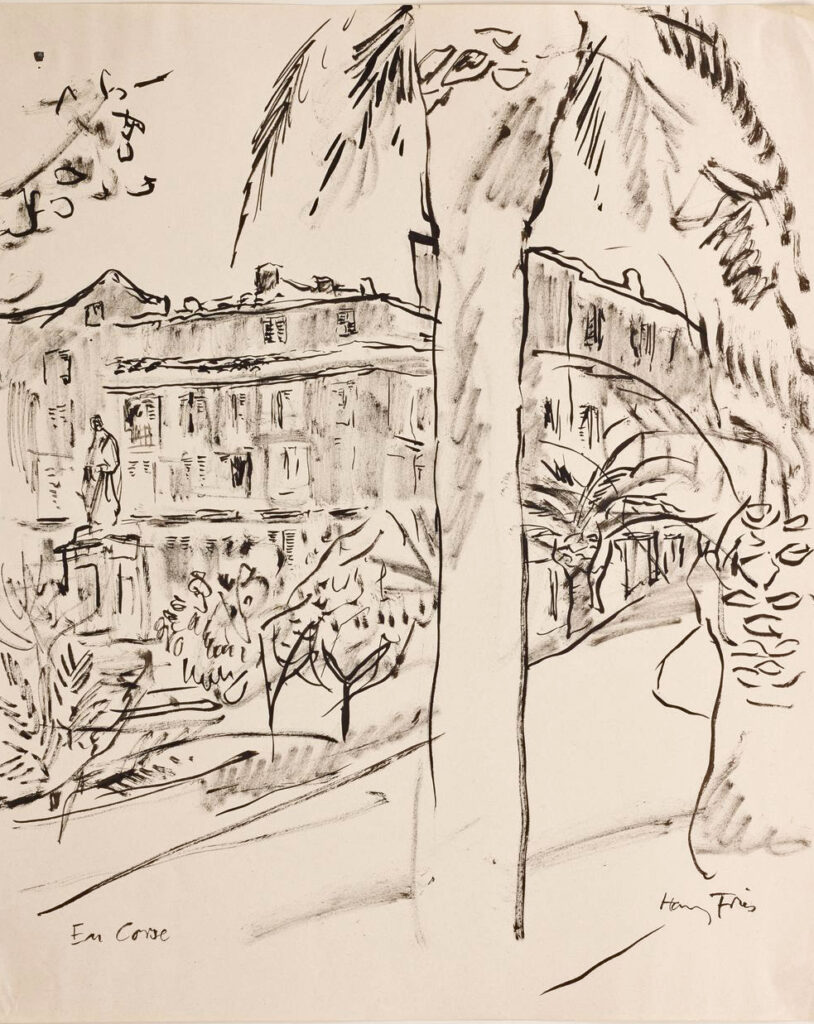 Hanny Fries: En Corse. Ajaccio [Place Foch], 1955, Tusche auf Papier, Inv.Nr. HF 725. Foto: Reto Pedrini © Stiftung Righini-Fries Zürich