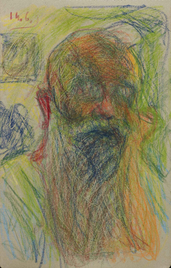 Sigismund Righini: Selbstbildnis vor Bild im Hintergrund (61 Jahre), Farbstift auf Papier, 14.6.1931, Inv.Nr. SR 387. Foto: Reto Pedrini © Stiftung Righini-Fries Zürich Sigismund Righini: Selbstbildnis vor Bild im Hintergrund (61 Jahre), Farbstift auf Papier, 14.6.1931, Inv.Nr. SR 387. Foto: Reto Pedrini © Stiftung Righini-Fries Zürich