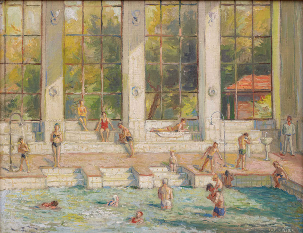 Willy Fries: Im Hallenbad, um 1950, Öl auf Karton, Inv.Nr. WF 77. Foto: Reto Pedrini © Stiftung Righini-Fries Zürich Willy Fries: Im Hallenbad, um 1950, Öl auf Karton, Inv.Nr. WF 77. Foto: Reto Pedrini © Stiftung Righini-Fries Zürich