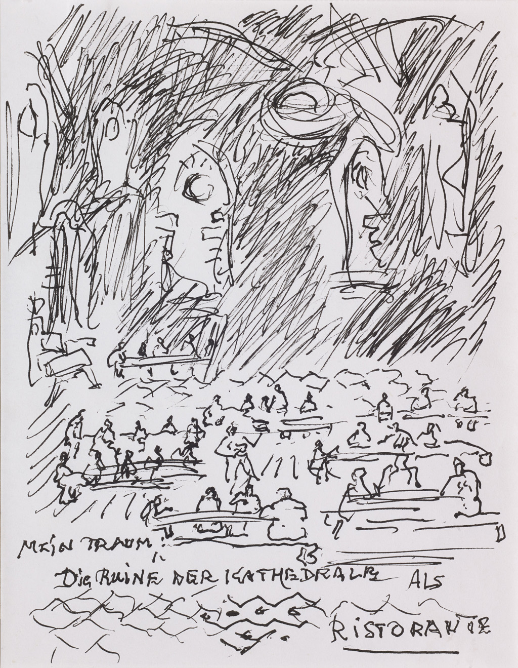 Hanny Fries: Mein Traum. Die Ruine der Kathedrale als Ristorante I, um 2006, Tusche auf Papier, Inv.Nr. HF 511.1. Foto: Reto Pedrini © Stiftung Righini-Fries, Zürich