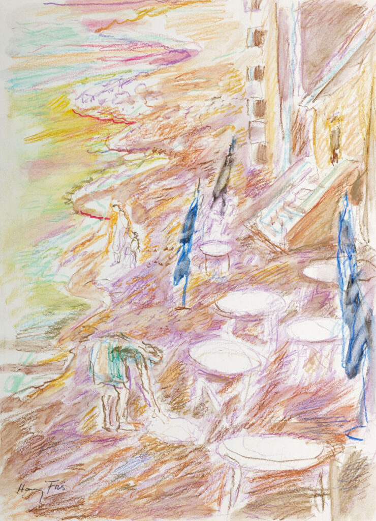Hanny Fries: Ohne Titel [Café an der Küste II], ohne Datum, Ölkreide auf Papier, Inv.Nr. HF 770. Foto: Reto Pedrini © Stiftung Righini-Fries, Zürich