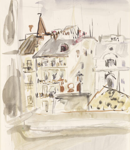 Hanny Fries: Vue de ma fenêtre, 1942, Aquarell und Bleistift auf Papier, Inv.Nr. HF 274. Foto Reto Pedrini © Stiftung Righini-Fries Zürich