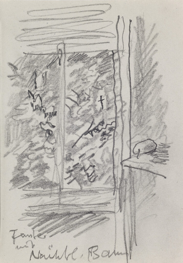 Hanny Fries: Fenster mit nächtlichem Baum [Mein Nachtfenster III], um 1999, Bleistift auf Papier, Inv.Nr. HF 494.3. Foto Reto Pedrini © Stiftung Righini-Fries Zürich