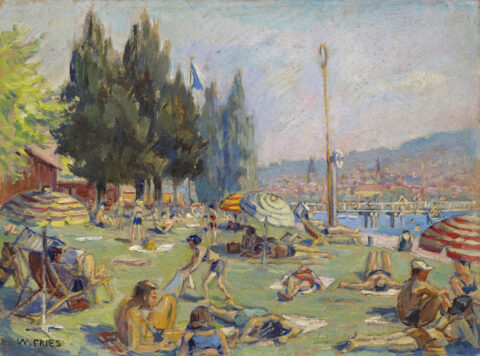 Willy Fries: Strandbad II [Mythenquai], um 1950, Öl auf Karton, Inv.Nr. WF 68.2. Foto Reto Pedrini © Stiftung Righini-Fries Zürich