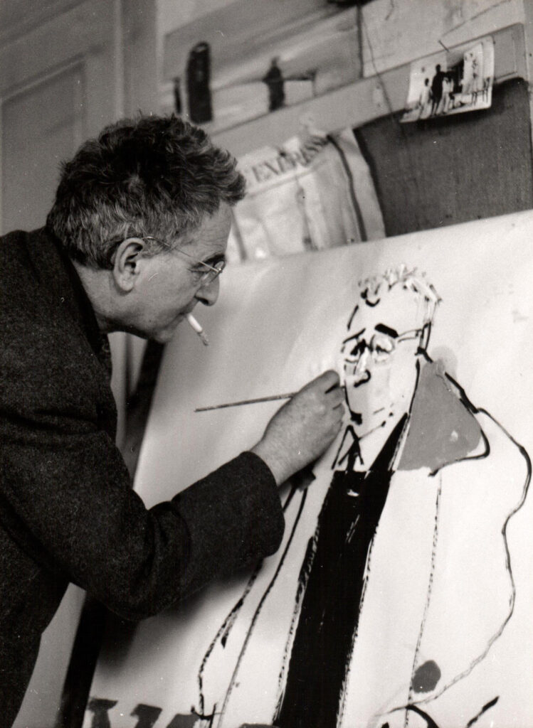 Varlin malt sein Selbstbildnis für das Plakat zu seiner Ausstellung in St. Gallen, 1958. Foto von Leo Gantenbein © P. Guggenheim, Bondo