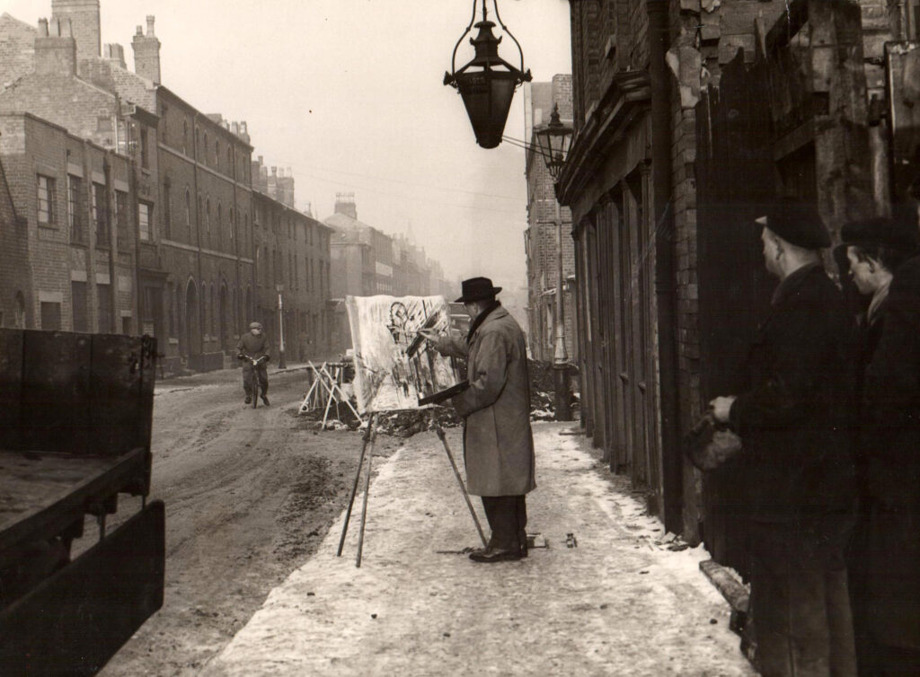 Varlin malt eine Strasse in Birmingham, 1955. Foto von unbekannt © P. Guggenheim, Bondo.