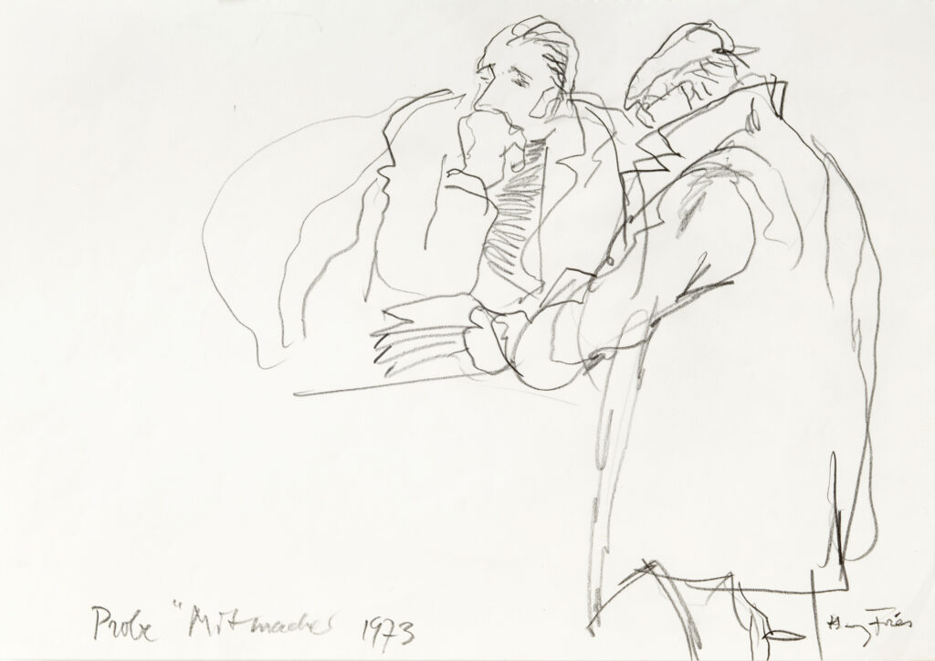 Hanny Fries: Friedrich Dürrenmatt mit Regisseur Andrzej Wajda in der Probe des «Mitmachers», 1973, Bleistift auf Papier. Foto: Reto Pedrini © Stiftung Righini-Fries Zürich Hanny Fries: Friedrich Dürrenmatt mit Regisseur Andrzej Wajda in der Probe des «Mitmachers», 1973, Bleistift auf Papier. Foto: Reto Pedrini © Stiftung Righini-Fries Zürich