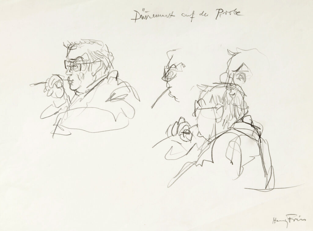 Hanny Fries: Friedrich Dürrenmatt auf der Probe, um 1973, Bleistift auf Papier. Foto: Reto Pedrini © Stiftung Righini-Fries Zürich Hanny Fries: Friedrich Dürrenmatt auf der Probe, um 1973, Bleistift auf Papier. Foto: Reto Pedrini © Stiftung Righini-Fries Zürich