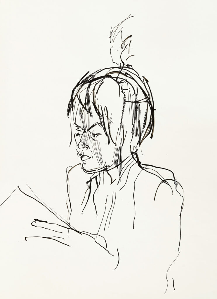 Hanny Fries: Ingeborg Bachmann, um 1960, Tusche auf Papier, Inv.Nr. HF 982.7. Foto: Reto Pedrini © Stiftung Righini-Fries Zürich Hanny Fries: Ingeborg Bachmann, um 1960, Tusche auf Papier, Inv.Nr. HF 982.7. Foto: Reto Pedrini © Stiftung Righini-Fries Zürich