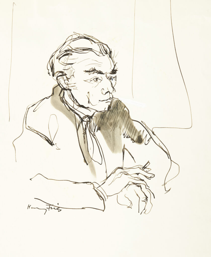 Hanny Fries: Erich Kästner, um 1959, Tusche auf Papier, Inv.Nr. HF 892.2. Foto: Reto Pedrini © Stiftung Righini-Fries Zürich