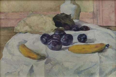 Willy Fries: Ohne Titel [Stillleben mit Bananen und Zwetschgen], um 1922, Öl auf Karton, Inv.Nr. WF 254. Foto: Reto Pedrini © Stiftung Righini-Fries Zürich