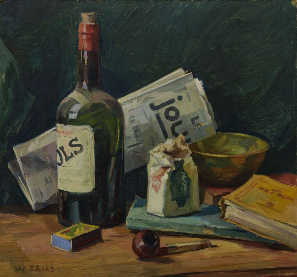 Willy Fries: Ohne Titel [Stillleben mit Flasche und Zeitung], ohne Datum, Öl auf Karton, Inv.Nr. WF 423. Foto: Reto Pedrini © Stiftung Righini-Fries Zürich