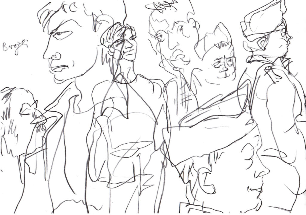 Hanny Fries: Peter Brogle und Kurt Beck in «Andorra» von Max Frisch. Schauspielhaus Zürich, UA: 2.11.1961, Regie: Kurt Hirschfeld, Bühne: Teo Otto. Theaterzeichnung, Bleistift auf Papier. © Stiftung Righini-Fries Zürich Hanny Fries: Peter Brogle und Kurt Beck in «Andorra» von Max Frisch. Schauspielhaus Zürich, UA: 2.11.1961, Regie: Kurt Hirschfeld, Bühne: Teo Otto. Theaterzeichnung, Bleistift auf Papier. © Stiftung Righini-Fries Zürich