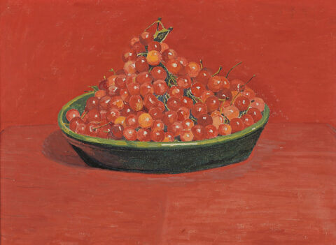 Sigismund Righini: Rote Kirschen auf rotem Grund, 1909, Öl auf Karton. © Kunstmuseum Solothurn
