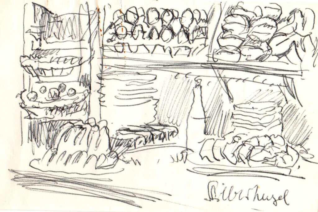 Hanny Fries: Skizze einer Schaufensterauslage mit Gugelhopf, Kugelschreiber auf Papier, ohne Datum. © Stiftung Righini-Fries Zürich