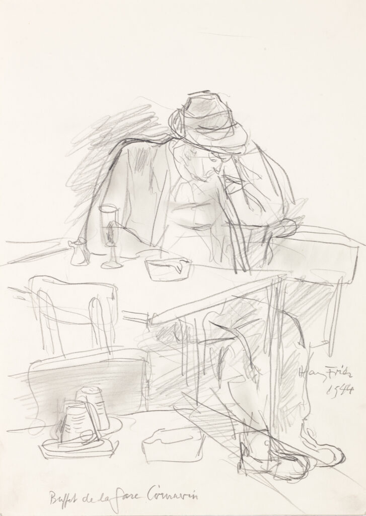 Hanny Fries: Buffet de la Gare Cornavin, 1944, Bleistift auf Papier, Inv.Nr. HF 217. Foto: Reto Pedrini © Stiftung Righini-Fries Zürich Hanny Fries: Buffet de la Gare Cornavin, 1944, Bleistift auf Papier, Inv.Nr. HF 217. Foto: Reto Pedrini © Stiftung Righini-Fries Zürich