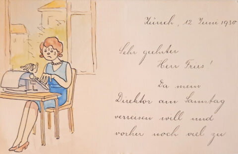 Postkarte mit Originalillustration von Edith Jonas an Willy Fries, 12.6.1930, FA Fries 13 (4). © Stiftung Righini-Fries Zürich