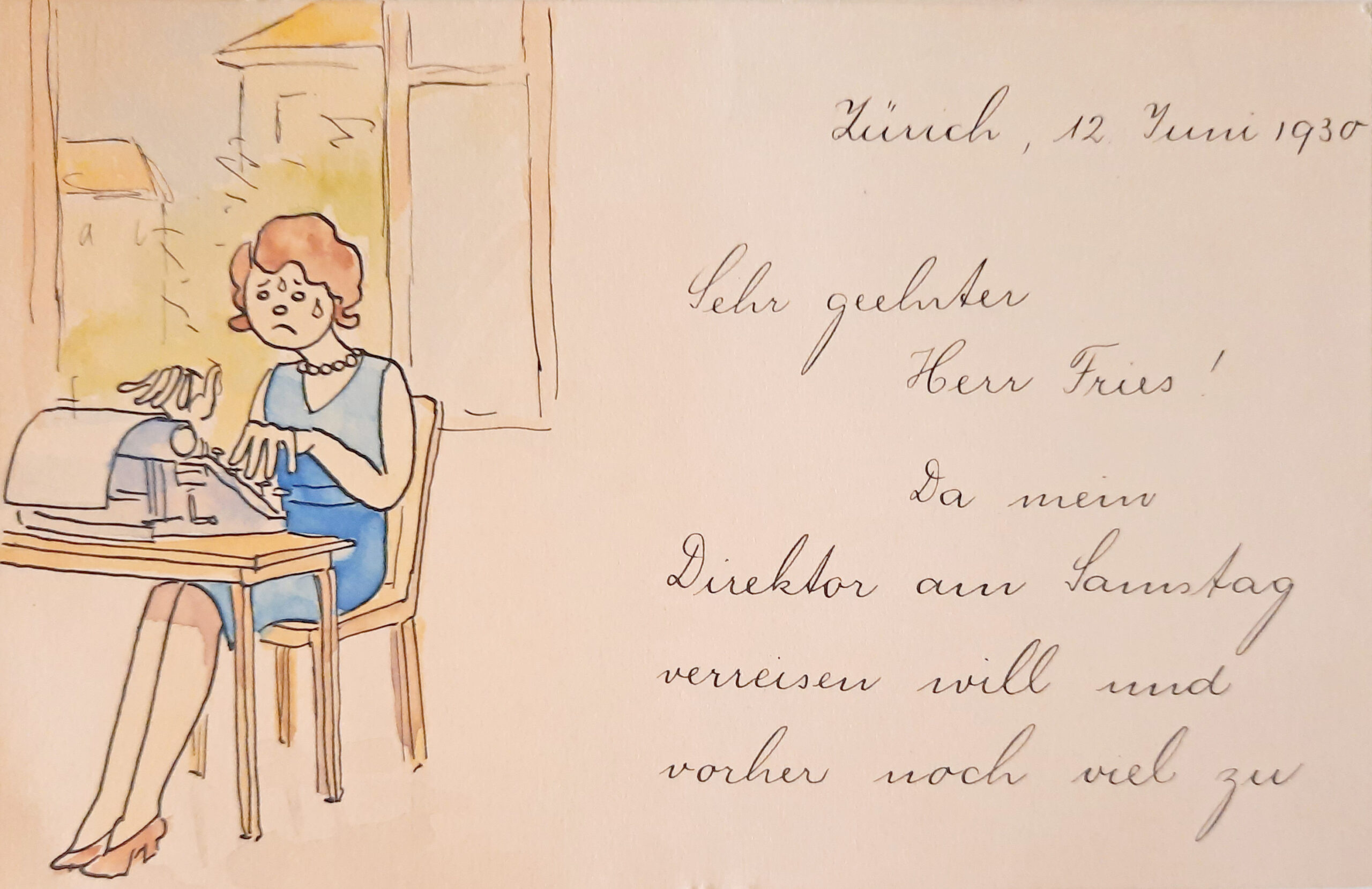 Postkarte mit Originalillustration von Edith Jonas an Willy Fries, 12.6.1930, FA Fries 13 (4). © Stiftung Righini-Fries Zürich Postkarte mit Originalillustration von Edith Jonas an Willy Fries, 12.6.1930, FA Fries 13 (4). © Stiftung Righini-Fries Zürich