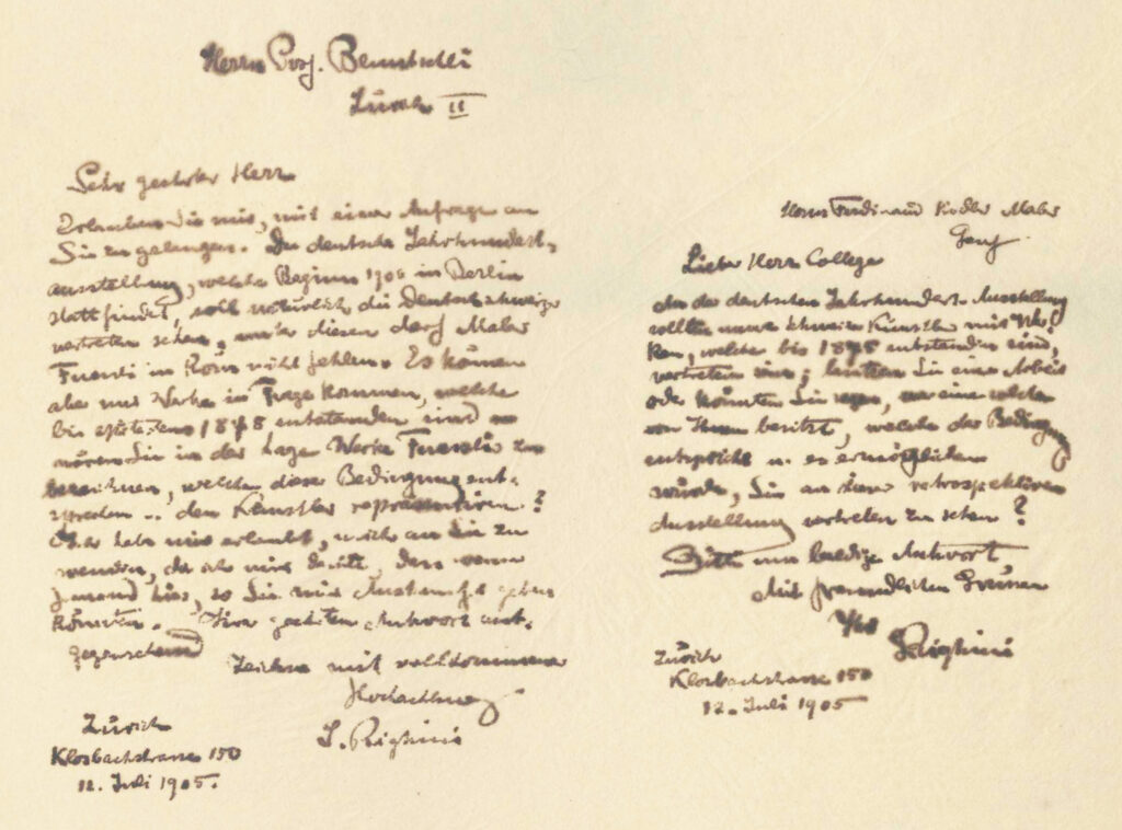 Sigismund Righini: Briefe an (1) Alfred Friedrich Bluntschli und (2) Ferdinand Hodler, 12.7.1905, in: Ders.: Briefkopierbuch, Bd. 1, S. 151. Archiv ZKG/KHZ, 2002/013:001