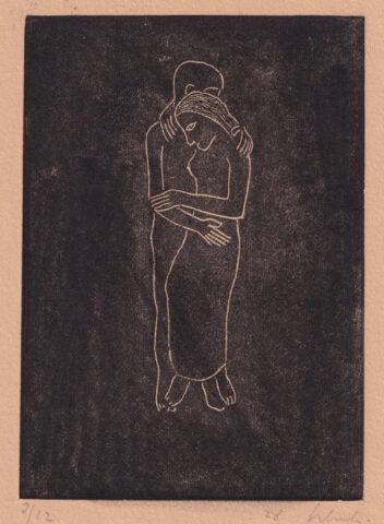 Gotthard Schuh: Umschlungenes Paar auf schwarzem Grund, 1928, Aquatinta, 13.8 x 9.8 cm. Foto: Reto Pedrini © Privatsammlung