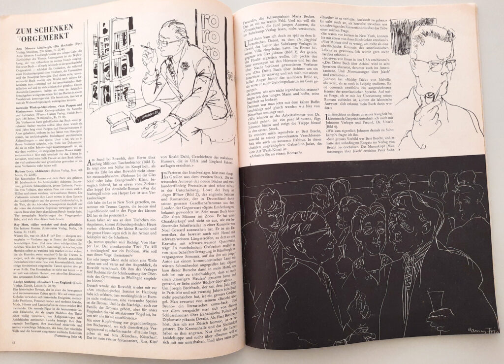 Ausschnitt aus der mehrseitigen Reportage von der Frankfurter Buchmesse mit Illustrationen von Hanny Fries. Erschienen in der «Annabelle», 12.1962, H 311