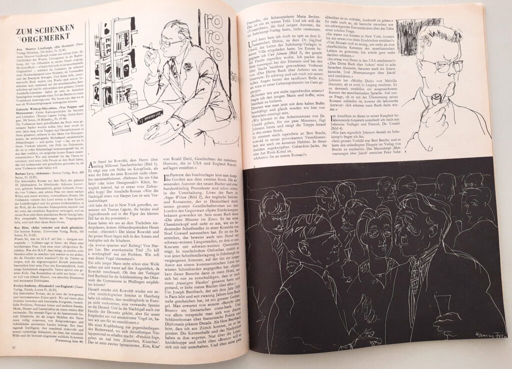 Ausschnitt aus der mehrseitigen Reportage von der Frankfurter Buchmesse mit Illustrationen von Hanny Fries. Erschienen in der «Annabelle», 12.1962, H 311 Ausschnitt aus der mehrseitigen Reportage von der Frankfurter Buchmesse mit Illustrationen von Hanny Fries. Erschienen in der «Annabelle», 12.1962, H 311