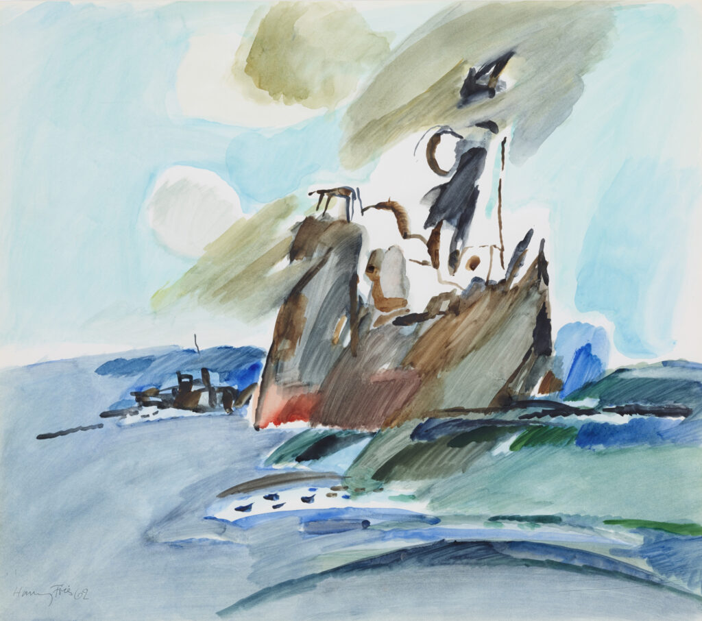 Hanny Fries: Ohne Titel [Rauchender Dampfer I], um 1980, Aquarell auf Papier, Inv. Nr. HF 128. Foto: Reto Pedrini © Stiftung Righini-Fries Zürich