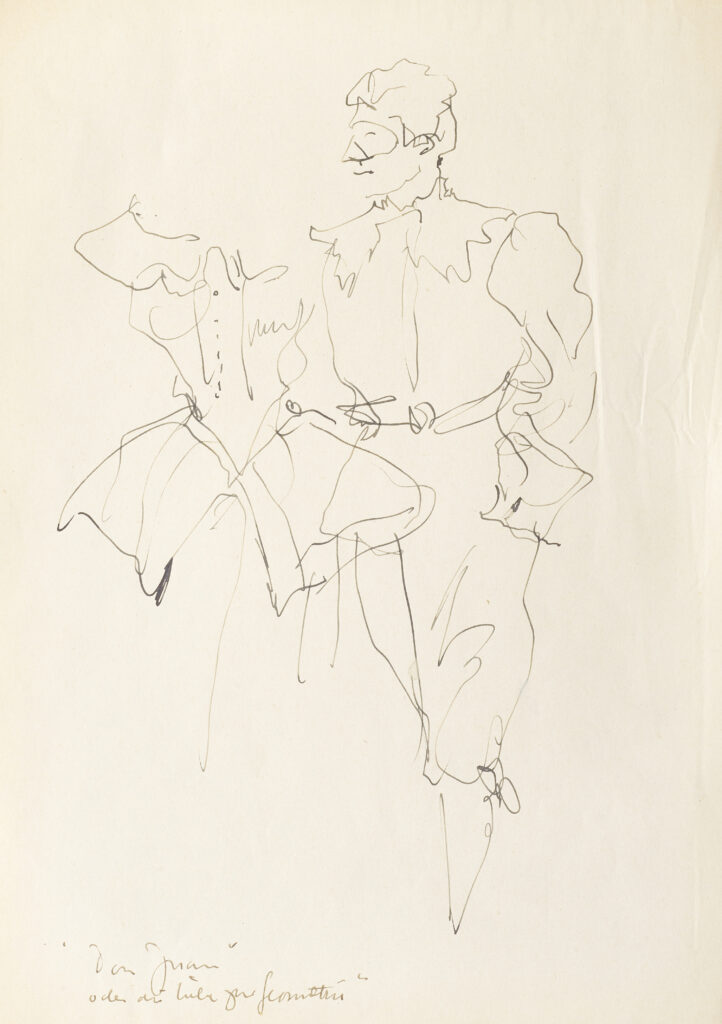 Hanny Fries: «Don Juan oder die Liebe zur Geometrie» von Max Frisch. Schauspielhaus Zürich, UA 5.5.1953, Tusche auf Papier. Foto: Reto Pedrini © Stiftung Righini-Fries Zürich Hanny Fries: «Don Juan oder die Liebe zur Geometrie» von Max Frisch. Schauspielhaus Zürich, UA 5.5.1953, Tusche auf Papier. Foto: Reto Pedrini © Stiftung Righini-Fries Zürich