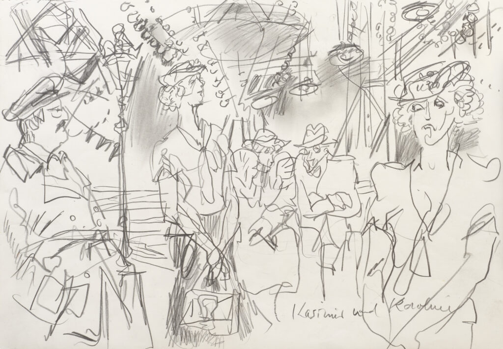 Hanny Fries: «Kasimir und Karoline» von Ödön von Horváth. Schauspielhaus Zürich, 25.10.1975, Bleistift auf Papier. Foto: Reto Pedrini © Stiftung Righini-Fries Zürich Hanny Fries: «Kasimir und Karoline» von Ödön von Horváth. Schauspielhaus Zürich, 25.10.1975, Bleistift auf Papier. Foto: Reto Pedrini © Stiftung Righini-Fries Zürich