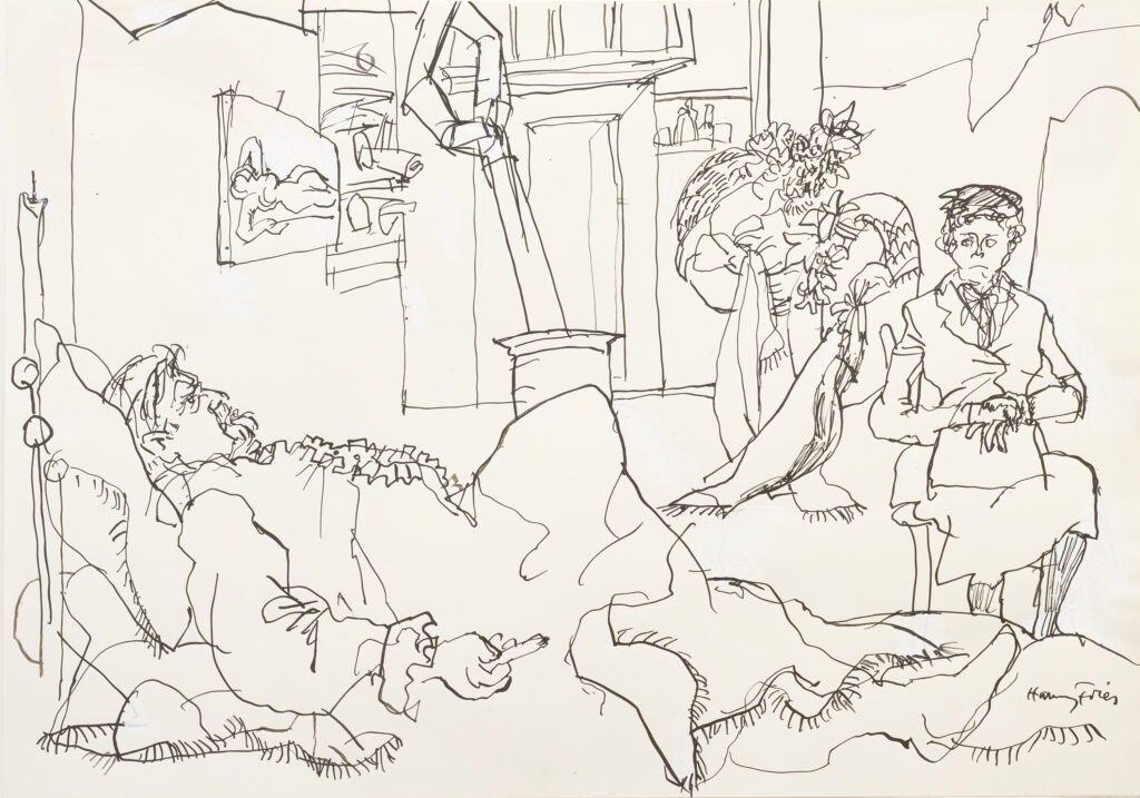 Hanny Fries: «Der Meteor» von Friedrich Dürrenmatt. Schauspielhaus Zürich, UA 20.1.1966, Tusche auf Papier. Foto: Reto Pedrini © Stiftung Righini-Fries Zürich Hanny Fries: «Der Meteor» von Friedrich Dürrenmatt. Schauspielhaus Zürich, UA 20.1.1966, Tusche auf Papier. Foto: Reto Pedrini © Stiftung Righini-Fries Zürich