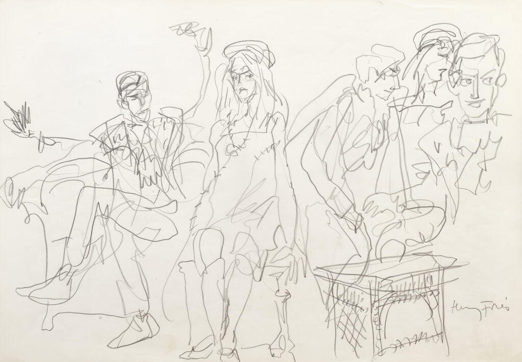 Hanny Fries: «Yvonne, Prinzessin von Burgund» von Witold Gombrowicz. Theater am Neumarkt, 15.11.1967, Bleistift auf Papier. Foto: Reto Pedrini © Stiftung Righini-Fries Zürich Hanny Fries: «Yvonne, Prinzessin von Burgund» von Witold Gombrowicz. Theater am Neumarkt, 15.11.1967, Bleistift auf Papier. Foto: Reto Pedrini © Stiftung Righini-Fries Zürich