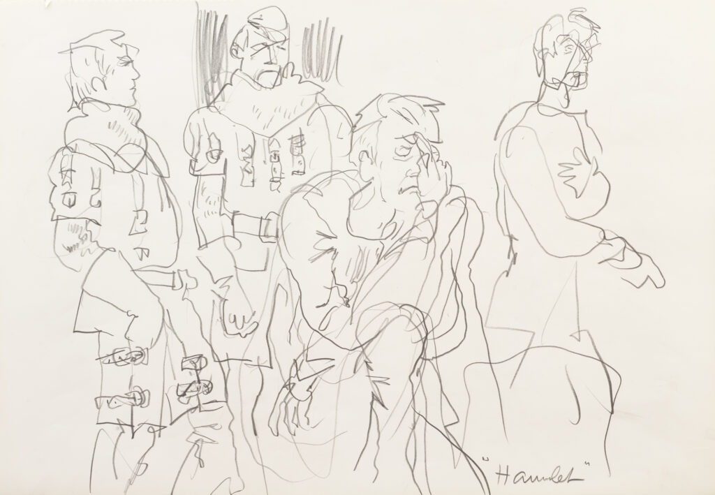 Hanny Fries: «Hamlet» von William Shakespeare. Schauspielhaus Zürich, 29.3.1974, Bleistift auf Papier. Foto: Reto Pedrini © Stiftung Righini-Fries Zürich Hanny Fries: «Hamlet» von William Shakespeare. Schauspielhaus Zürich, 29.3.1974, Bleistift auf Papier. Foto: Reto Pedrini © Stiftung Righini-Fries Zürich