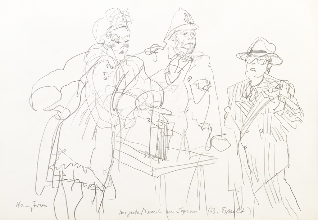 Hanny Fries: «Der gute Mensch von Sezuan» von Bertold Brecht. Schauspielhaus Zürich, 16.3.1976, Bleistift auf Papier. Foto: Reto Pedrini © Stiftung Righini-Fries Zürich Hanny Fries: «Der gute Mensch von Sezuan» von Bertold Brecht. Schauspielhaus Zürich, 16.3.1976, Bleistift auf Papier. Foto: Reto Pedrini © Stiftung Righini-Fries Zürich