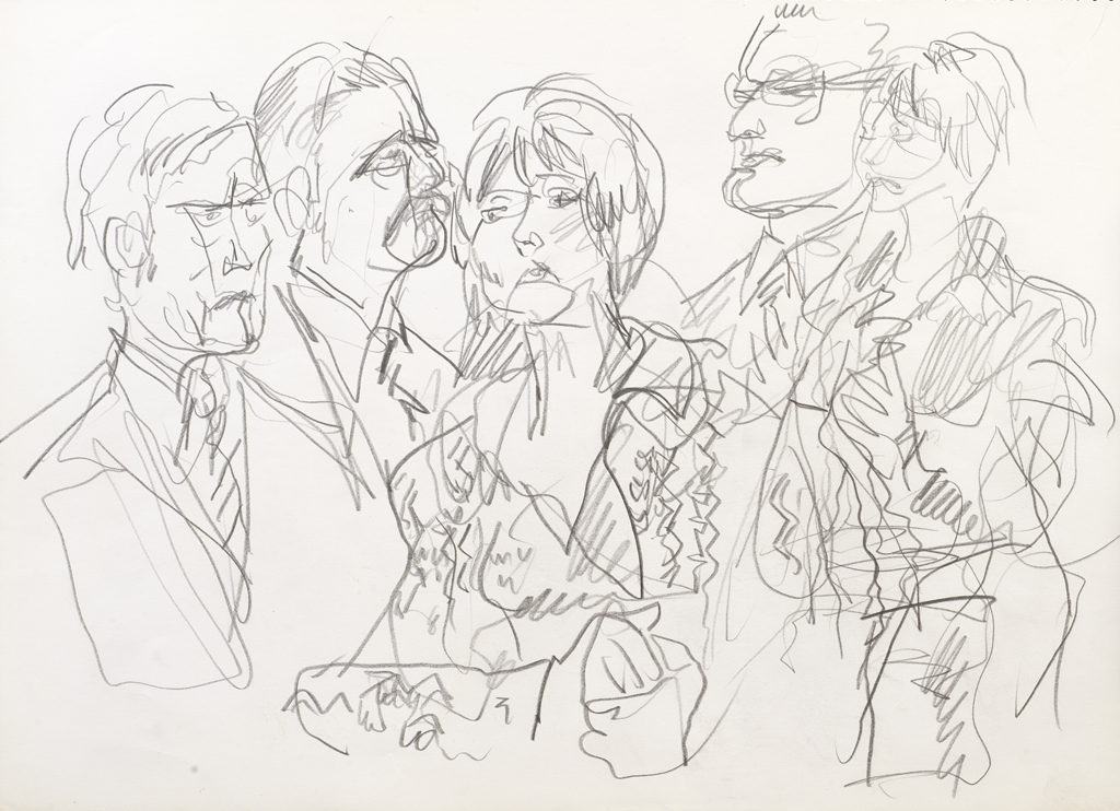 Hanny Fries: «Der gute Mensch von Sezuan» von Bertold Brecht. Schauspielhaus Zürich, 16.3.1976, Bleistift auf Papier. Foto: Reto Pedrini © Stiftung Righini-Fries Zürich Hanny Fries: «Der gute Mensch von Sezuan» von Bertold Brecht. Schauspielhaus Zürich, 16.3.1976, Bleistift auf Papier. Foto: Reto Pedrini © Stiftung Righini-Fries Zürich