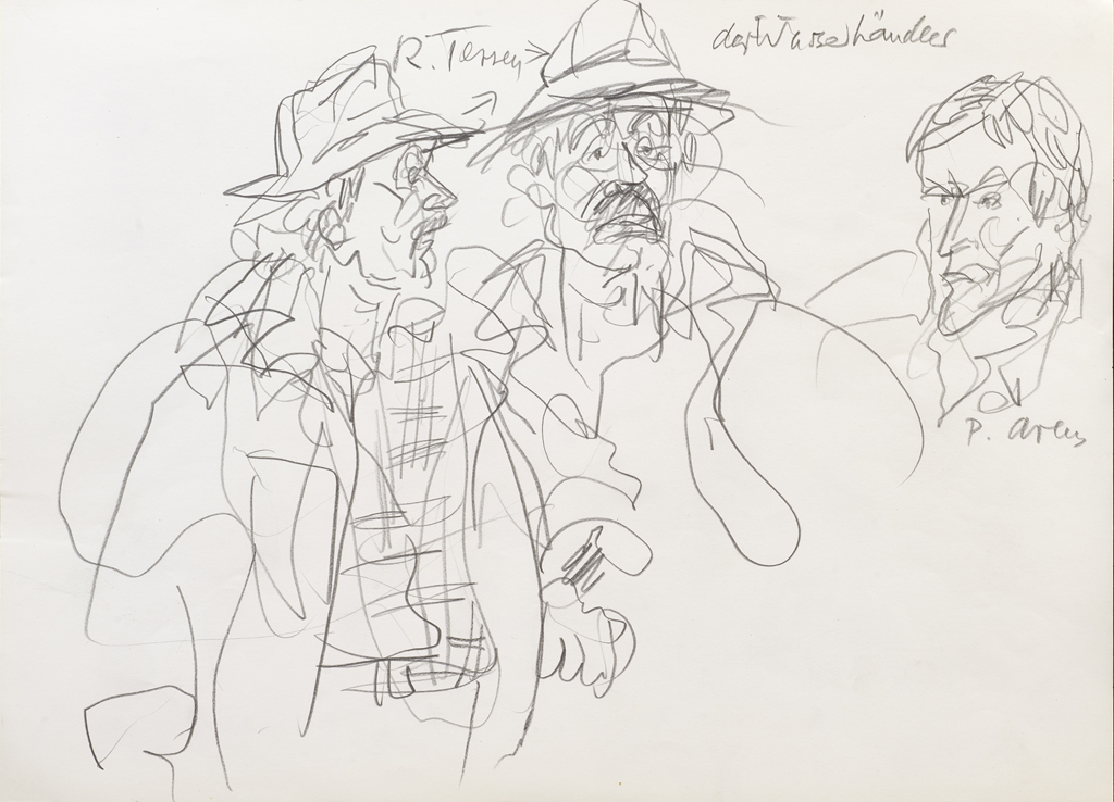 Hanny Fries: «Der gute Mensch von Sezuan» von Bertold Brecht. Schauspielhaus Zürich, 16.3.1976, Bleistift auf Papier. Foto: Reto Pedrini © Stiftung Righini-Fries Zürich Hanny Fries: «Der gute Mensch von Sezuan» von Bertold Brecht. Schauspielhaus Zürich, 16.3.1976, Bleistift auf Papier. Foto: Reto Pedrini © Stiftung Righini-Fries Zürich